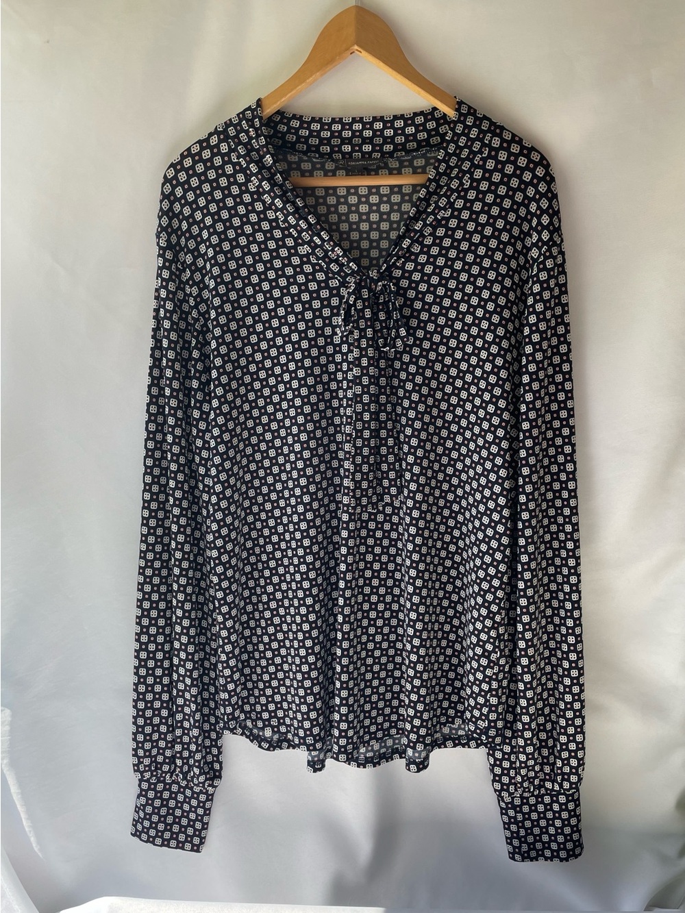 Adrianna Papell Navy and White Geometric Tie-Neck Blouse